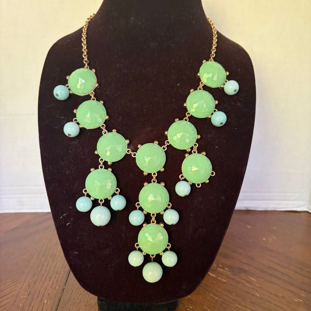 Mint Green Statement Bib Necklace Gold Tone Bubble Bead Glam Cottagecore Boho